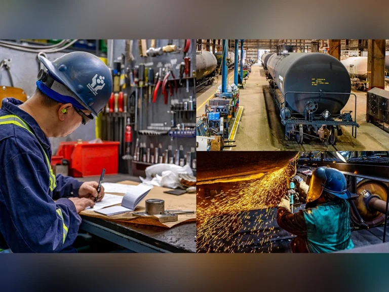 A collage showing a worker writing at a desk, a rail tank car in a warehouse, and a worker welding with sparks flying.