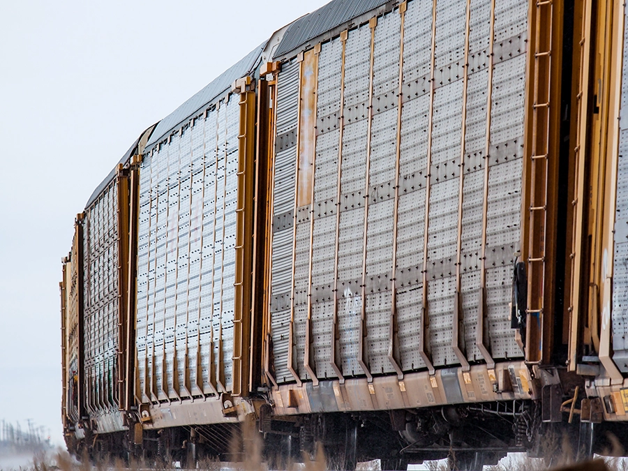 A close-up view of a brown freight train with metal sides traveling on railroad tracks under an overcast sky.