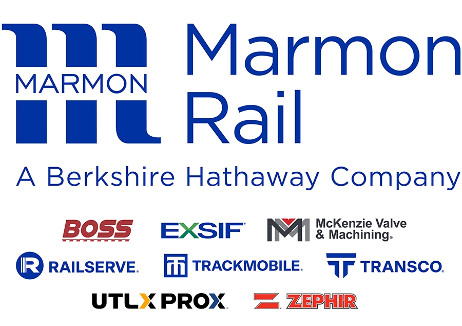 Marmon Rail logo with the tagline “A Berkshire Hathaway Company” and logos of affiliated brands: Boss, Exsif, McKenzie, Railserve, Trackmobile, Transco, UTLX, Prox, Zephir.