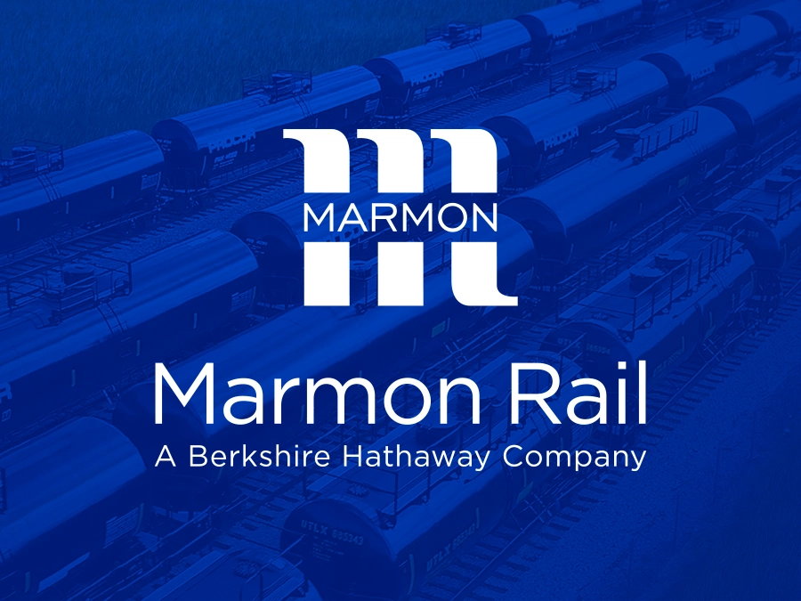 Marmon Rail logo and text, “A Berkshire Hathaway Company,” over a blue-tinted background of rail tank cars.